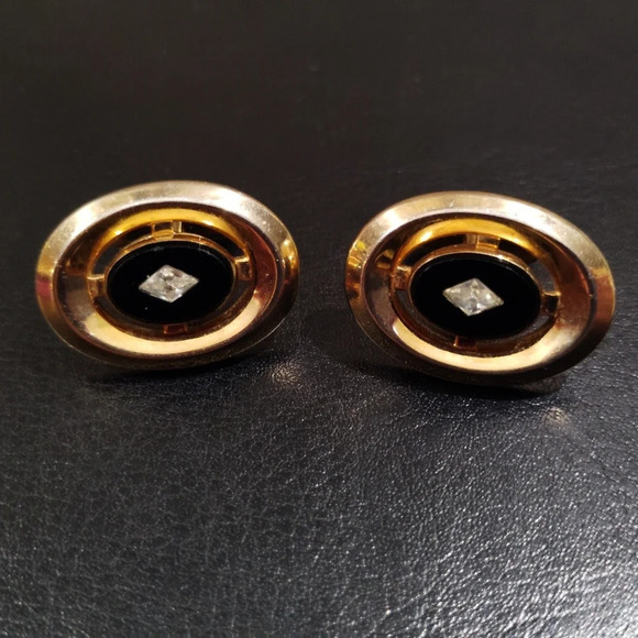 Vintage Anson Cufflinks Onyx Glass Faux Diamond Accent Oval Signed - Picture 1 of 10